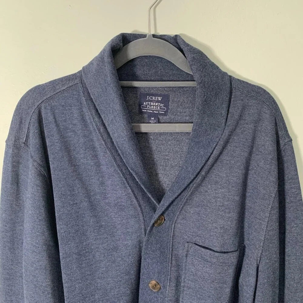 J. Crew Authentic Fleece Shawl Collar Cardigan Mens‎ Medium Blue Heather Button